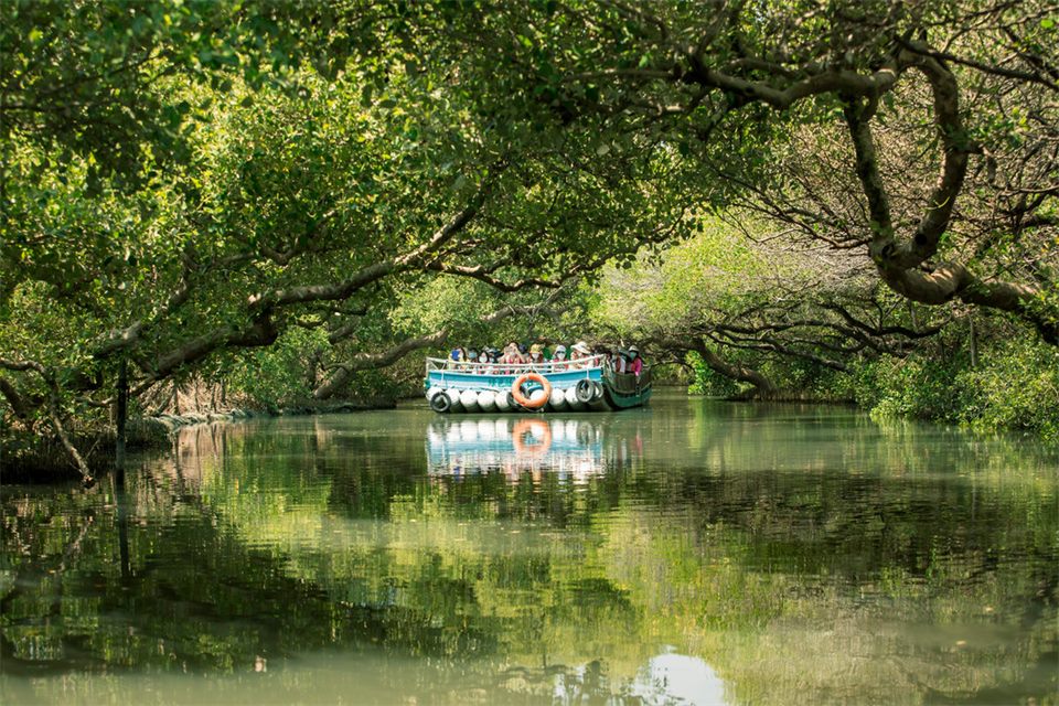 四草綠色隧道：兩岸紅樹林的枝葉在水道上方交會成拱形，一艘載滿遊客的膠筏正緩緩駛過，平靜的水面倒映著綠蔭。